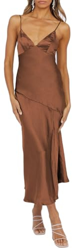 HKMECRI Summer Satin V Neck Silp Midi Dress for Women Wedding Guest 2026 Sexy Spaghetti Strap Backless Long Dresses with Slit Brown