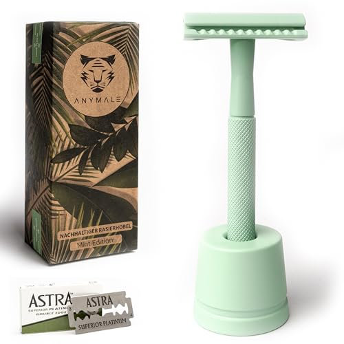 ANYMALE® Plastikfreier Rasierhobel Mint Edition - Set mit Ständer und 5 ASTRA Klingen - Nassrasierer für Damen und Herren
