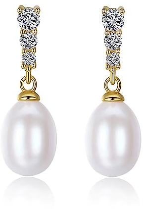 Bellitia Jewelry Pendientes de Gota para Mujer en Plata de Ley 925 Dorada con Perlas de Agua Dulce & Diamante CZ Pave, Pendientes Colgantes Perlas Chapados Oro