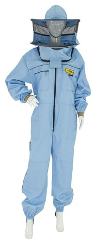 LYSON Imkeranzug mit Schleier, Bündchen an den Ärmeln und Beinen Imkeroverall Professionelle Imkerbekleidung mit abnehmbarem Hut, abnehmbarer Mütze Blau Grösse L