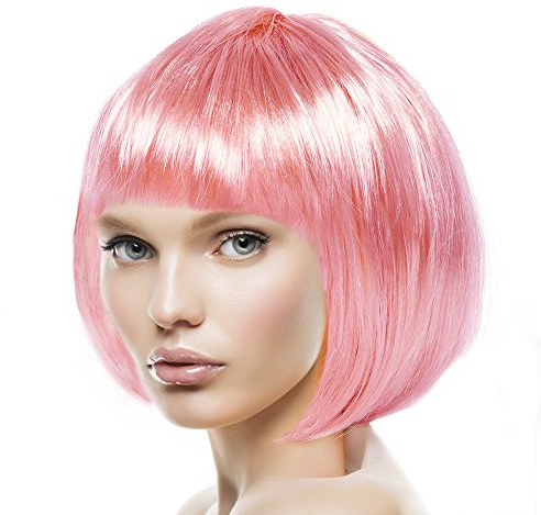 TrendandStylez Bob Perücke unisex, rosa, Pagenkopf mit Pony, Damen und Herren Kunsthaar, Wig für Karneval, Fasching, Cosplay