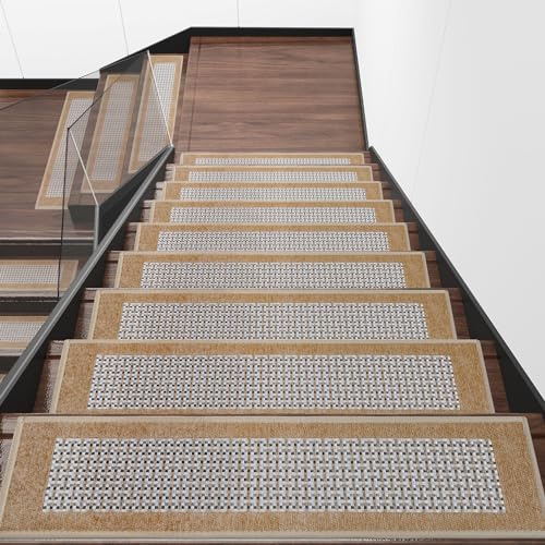 Hargiis Stair Treads for Wooden Steps Non-Slip Carpet, 15 PCS Polyester Indoor Stair Mats with Rubber Backing, No Adhesive, Safety Stair Runners for Kids, The Elderly and Pets (Brown Plaid, 30x8)