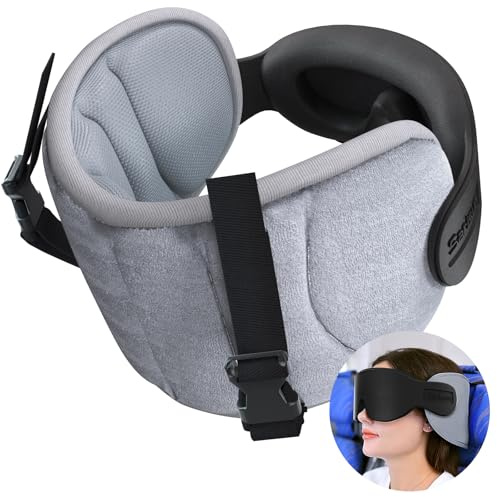 SARISUN Travel Pillow for Airplanes, Airplane Pillow for Long Flight, Neck Pillow with Eye Mask for Sleeping, Portable Travel Pillow for Car Road Trip Headrest, Stop Bobblehead, Grey