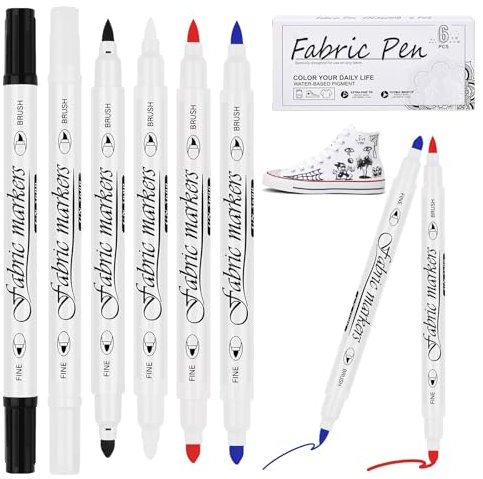 Textilstifte Waschmaschinenfest 6 Stück Dual Tip Textilmarker, 1-5mm Stoff Stifte Waschfest, Ungiftige Textilfarbe Stoffmalstifte für T-Shirt Stoffbeutel Textilien(Schwarz, Weiß, Blau, Rot)
