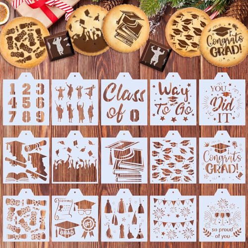 Whaline 15Pcs 2026 Graduation Large Cookie Stencils Grad Cap Diploma Airbrush Painting Stencils with Bead Chain Congrats Grad Biscuit Cake Baking Templates for Party DIY Crafts