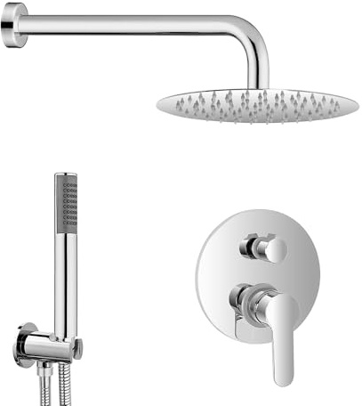 Set doccia a incasso con deviatore in ottone, braccio 35 cm, soffione tondo 25 cm in acciaio inox e kit doccia completo, ZOE