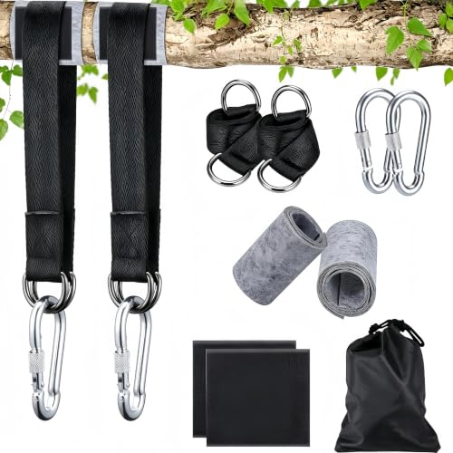 JIZZU Schaukel Befestigung, 2 Stück Hängematte Befestigung, 40cm Hängematten Befestigung, Baumschutz Polster, Aufhängung Gurt Kit, Befestigung Baum, Karabinern