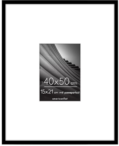Americanflat 40x50 cm Bilderrahmen mit 15x21 cm Passepartout - schmaler 50x40 Fotorahmen mit poliertem Plexi-Scheibe - integrierte Aufhängung für Hoch- und Querformat - Schwarz