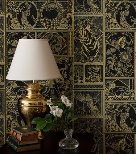Erfoni Black and Gold Wallpaper Vintage Peel and Stick Wallpaper Special Animals Pattern Contact Paper Stick and Peel Self Adhesive Removable Wall Paper for Countertop Cabinets Covering 78.7x17.7