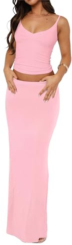 Lybiogs Two Piece Skirt Set for Women - Sexy 2 Pc Sleeveless Spaghetti Strap Pleated Tank Top Maxi Long Skirts Sets Pink S