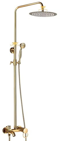 Sistema Ducha Termostática Latón Antiguo - HUSPOO Grifo Dorado con Columna Ajustable 80-120cm, Rociador Mano + Superior (Montaje Pared)