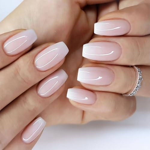 24 PCS Gradient French False Nails, Medium Length, French False Nails, Square Press on Nails Pattern, With Jelly glue, Fashionable Fake Nails, Women Nails Art