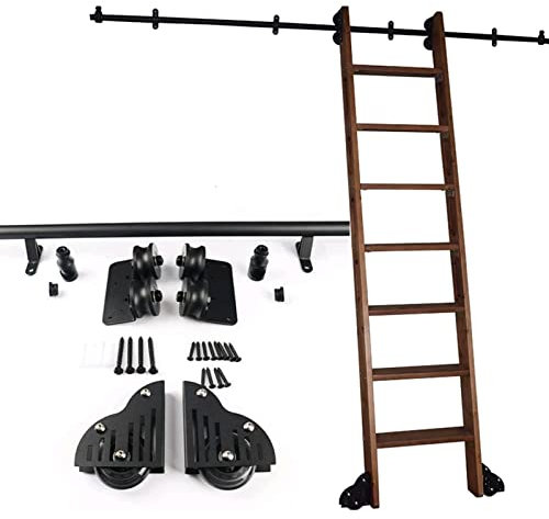 Einziehbare Schiebeleiter-Hardware, Rollleiter-Bausatz für Bibliotheken (ohne Leiter), rustikaler schwarzer Schiebeleiter-Schienenbausatz aus runden Rohren mit Bodenrollen (Größe: 16 Fuß/500