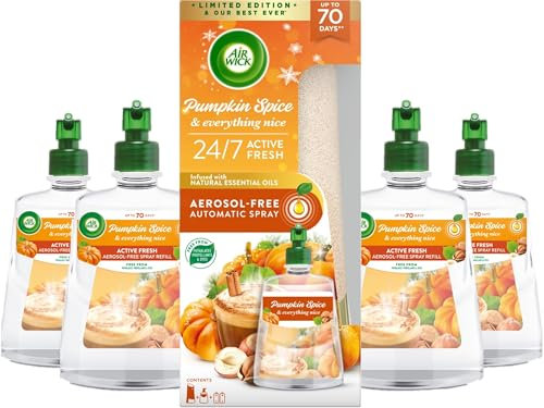 Air Wick Aerosol-Free Automatic Air Freshener Spray Kit + 4 Refills, Pumpkin & Winter Spice, 228ml, 24x7 Active Fresh Odour Neutraliser, Lasts Up to 280 Days, Air freshener For Home
