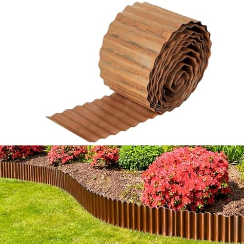 Gewellte Garteneinfassung, Metall-Rasenkante, strapazierfähig, verzinkter Stahl, Landschaftseinfassung, Pflanzenbegrenzung, DIY-Hochbeet für Hofpflastersteine, Braun, 15,2 x 12,2 m