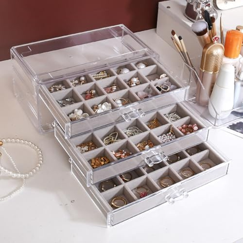 Jinavoty Boîte de rangement pour boucles d'oreilles en acrylique, avec 3 tiroirs, 45 compartiments, plateaux en velours, organisateur pour boucles d'oreilles, pour femmes et filles (gris, 3 tiroirs)