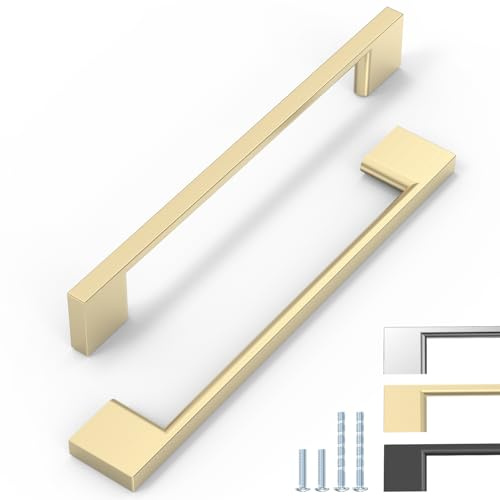 ELEBUILD 12 Stück Schrankgriffe Messing, 160mm Lochabstand, Gold | Moderne Möbelgriffe Schranktürgriffe Küchengriffe für Schranktüren, Schubladen, Kleiderschränke, Kommoden und Badmöbel