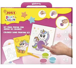 JOVI - Play&Fun - Set da pittura con sabbia colorata, 8 barattoli di sabbia e fogli per dipingere unicorni, regali e artigianato per bambine e ragazzi dai 3 anni in su (2105)