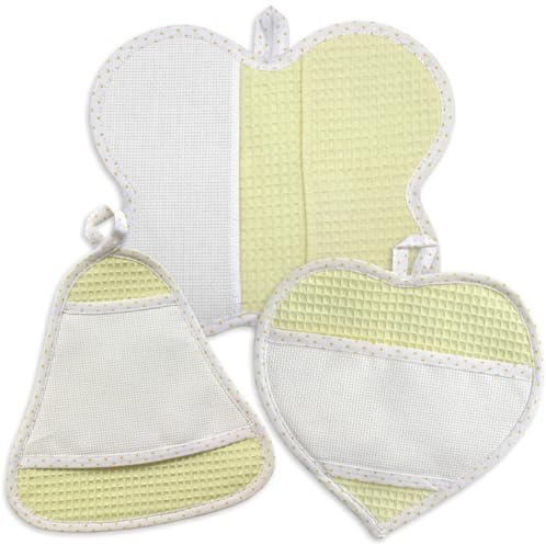 Set da 3 Pezzi presine da cucina da ricamare a punto croce, Presine da Cucina con Tela Aida, Tre pezzi di Presine a forma: Farfalla, Campana, Cuore (15 Nido d'ape giallo)