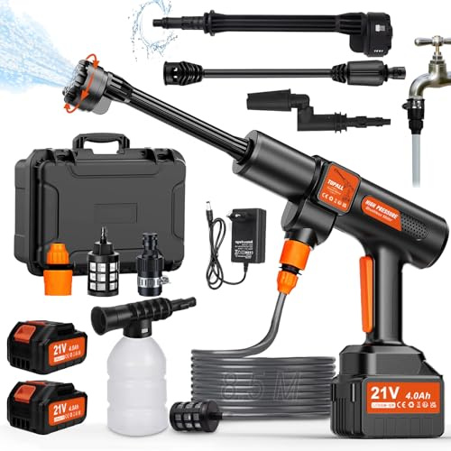 TOPALL Akku Hochdruckreiniger Pistole,Mini Mobiler Hochdruckreiniger Max 45 Bar/652PSI,High Pressure Cleaner,mit 2 * 4000mAh|8.5M Schlauch|6-in-1 Düse,Kabelloser Hydro Blast