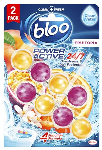 Bloo Power Active Toilet Rim Block Fruitopia (50g), Clear Water Toilet Rim Block with Fresh Orange & Peach Scent, with Anti-Limescale Formula, Pack of 2 Rimblocks