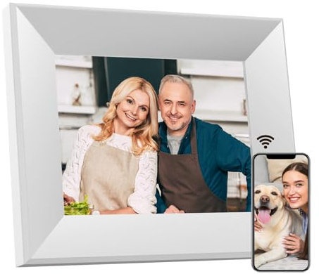 Digitaler Bilderrahmen 8 Zoll, BWJBSW WiFi Smart Cloud Elektronische Bilderrahmen aus Holz, HD IPS Touchscreen 1280 x 800, 16 GB Speicher, automatische Drehung, Teilen Sie Fotos und Videos mit Familie