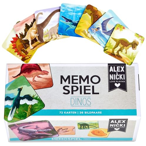 Alex & Nicki® Memo Spiel Dinos, Dinosaurier Spielzeug ab 4 Jahre Junge & Mädchen, Kinder Spiele ab 3 Jahren, Reisespiele, Kinderspiele ab 3 Jahre, Geschenk Junge 4 Jahre, Dino Spielzeug ab 4, Memori