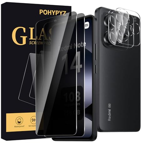 POHYPYZ 2+2 Piezas Protector Pantalla Privacidad para Xiaomi Redmi Note 14 4G，2 Piezas Cristal Vidrio Templado Anti Espía+2 Piezas Protector Camara Para,Amigable para Funda,Fácil de Limpiar, 9H Dure