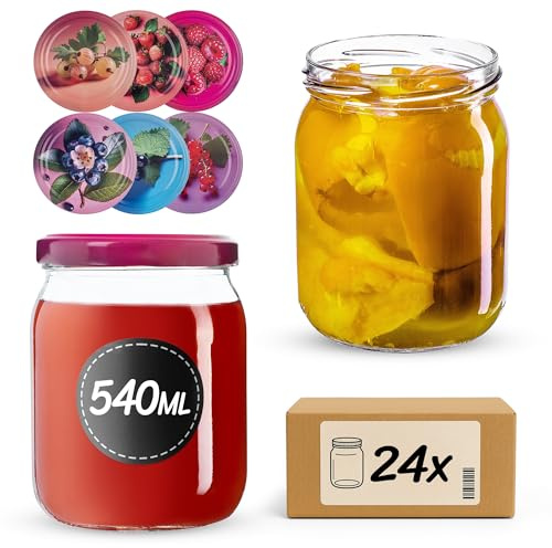 KADAX Einmachgläser 540ml TO82, Sturzgläser Mason Jar mit Schraubdeckel, Luftdichte Twist-off Gläser, Meal Prep, Overnight Oats, Sauerteig (Beerenfrüchte, 24 Stück)