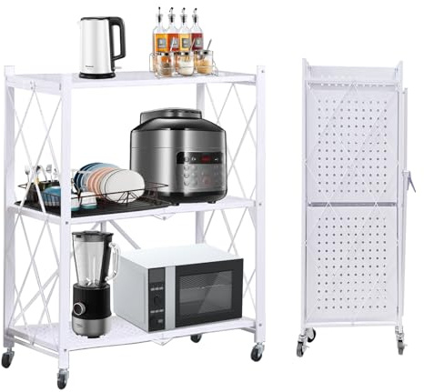 Faltbare Regal mit Rollen, Klappregal Rollregal, 3 Etagen Metallregal Küchenregale Regal Trägt Bis Zu 120 Kg - Keine Montage Erforderlich für Wohnzimmer, Küche & Keller, 72 X 34 X 85cm, Weiß