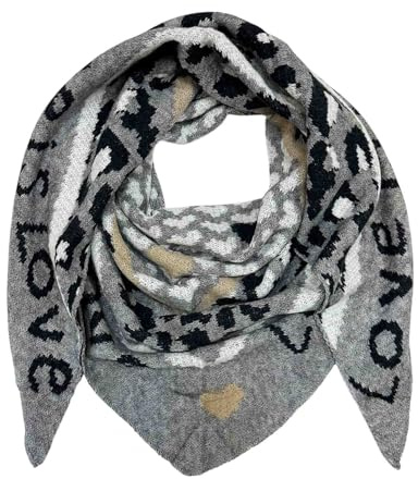XXL Dreieck Strickschal Love Leopard Muster Warmer Winter Schal Fashion Tuch Herbst Frühling Schlauchschal Dreieckschal Stola Wolle Tuch (Grau)
