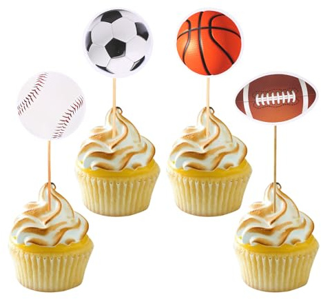 36pcs Sports Cupcake Toppers, 4 Designs Cake Decorations Soccer Baseball Football Basketball Cupcake Toppers with Toothpicks for Sports Theme Birthday Party Supplies