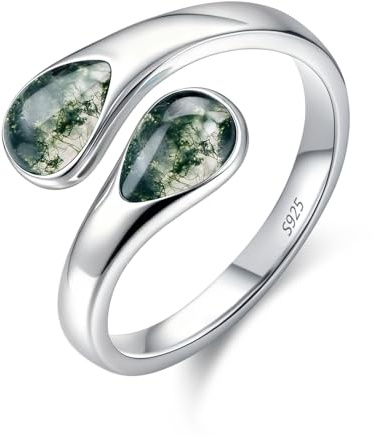KQ&TTENG Moss Agate Ring for Women 925 Sterling Silver Rings Adjustable Spoon Ring Jewelry Gift for Girls