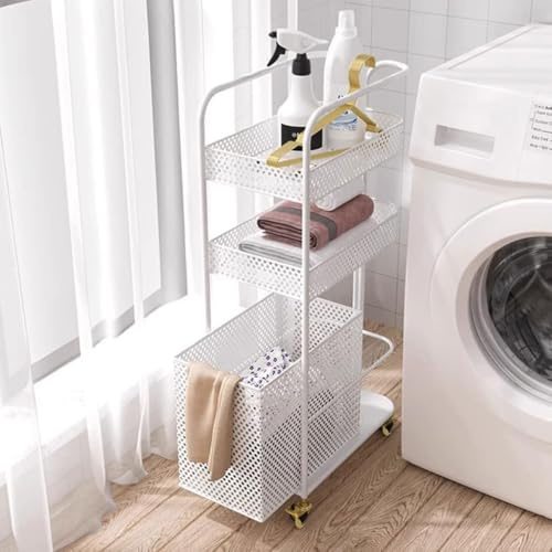 QDZC Carrello portatile con 3 ripiani in metallo sottile per conservazione e utilità, dotato di ruote bloccabili, scaffali in rete metallica per angoli stretti, carrello mobile White