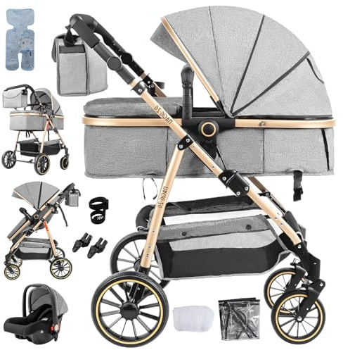 Doraystar 3 st babyvagn, 3-i-1 babyvagn med två vändbara trycklägen, tredelad barnvagn med bekväm stor liggdel, tredelad vagn hög landskap (V8 grå)