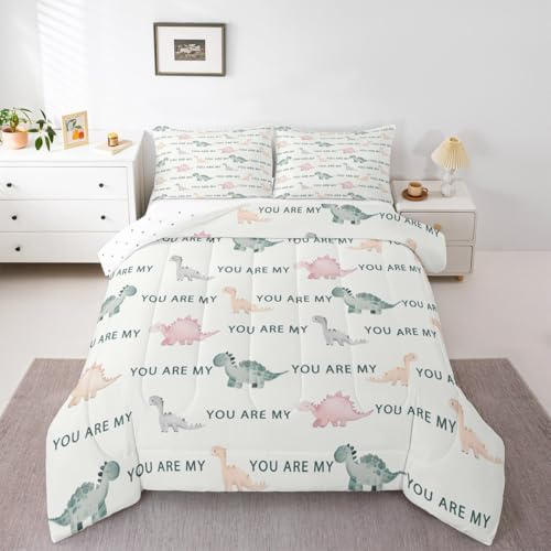 Loussiesd Dinosaurie sängklädesset 3D digitalt tryck för pojkar flickor djungel dino duntäcke enkel storlek 2 st vilda djur gröngul rumsdekor blå grå och rosa
