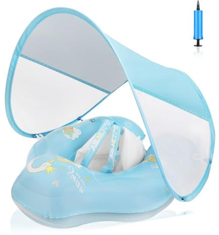 WYRIAZA Salvagente Neonato con Parasole, Adatto a Bambini dai 3 ai 36 Mesi (1-3 Anni), Ciambella Neonato mare con Protezione UV UPF 50+, Salvagente Bambino, Gonfiabile Mare (Blu, L(6–36 mesi))