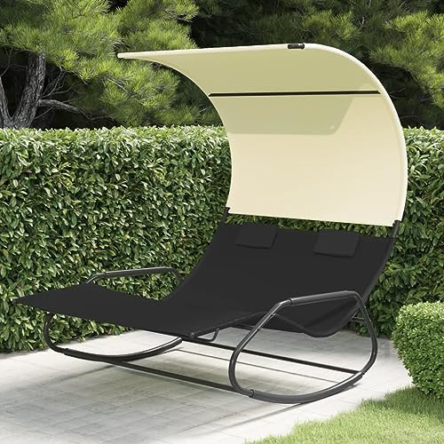Mokuyary Double Swing Lounger with Sun Canopy, Black and Cream, Beach Lounger, Garden Lounger, Sun Lounger for Garden, Balcony, Patio, Camping, Beach, Pool
