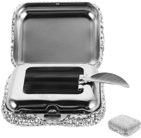 FOMIYES Cenicero Portátil de Acero Inoxidable con Tapa Antirruido Mini Cenicero Cuadrado para Exteriores y Oficina Decorativo con Gemas Resistente al Viento Adecuado para Viajes y Camping
