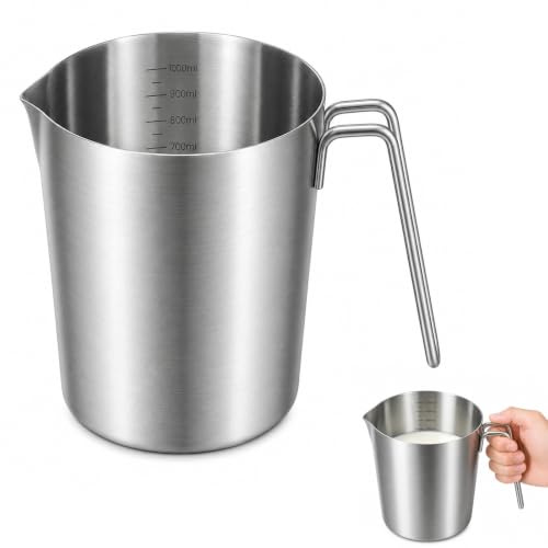 Caraffa dosatore in acciaio inox 304, 1 l, con scala trasparente e manico, lavabile in lavastoviglie, bricco per latte versatile, per cucina, ristorante, bar, caffetteria