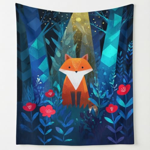 Tecknad minimalistisk flanellfilt gosig filt 130 cm x 150 cm, mystisk naturligt geometrisk skogsdjur räv supermjuk filt varm fluffig tryckt filt mikrofiberfilt soffpläd