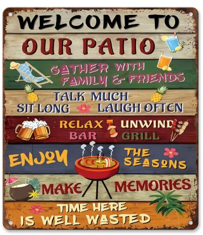 SINJAETRQ Personalized Garden Sign Welcome Tin Sign BBQ Sign Metal Welcome Wall Art Sign Rustic Vintage Outdoor Garden Bar Sign Patio Bar Metal Sign for Backyard Porch Garage,