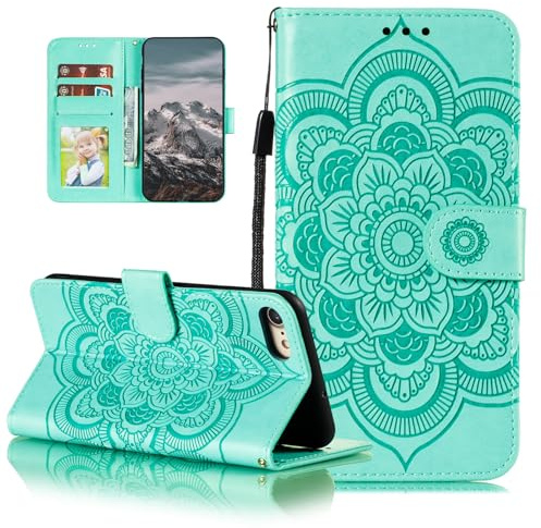EYZUTAK Mandala Hülle für iPhone se 2022 5G iPhone7 iPhone8 iPhone se 2020,Flip Brieftasche Kartenfächern Magnetic Ständer Schutzhülle Handyhülle Ultra Slim Case mit Lanyard,Prägung Klapphülle-Grün