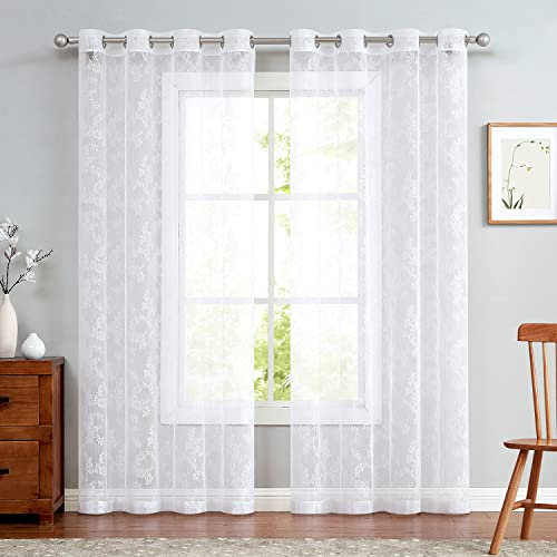 TOPICK Spitzen Gardinen lichtdurchlässig H 225 x B 150 (cm) 2er Set Lace Vorhänge Schal Rose Gardine mit Ösen Durchsichtig Vorhang für Wohnzimmer Esszimmer Schlafzimmer Weiß