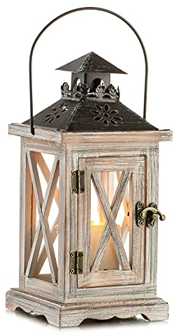 Romadedi Laterne Holz Groß Natur, 28cm mit Metall und Glas | Rustikale Holzlaterne für Kerzen, für Tischdeko, Hochzeit, Wohnzimmer, Garten und geschützten Außenbereich