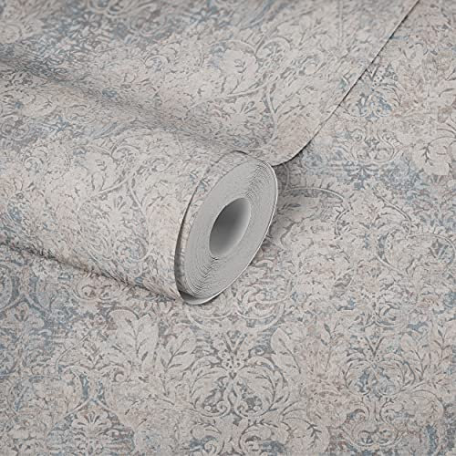 Livingwalls Carta da parati Barocco Mata Hari con ornamenti in stile vintage, in tessuto non tessuto, beige blu marrone con effetto glitter finemente strutturato, 380931