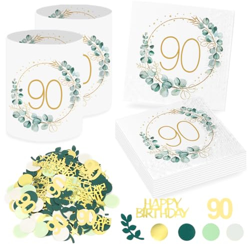 Sprinlot 20 Stück 90. Geburtstag Deko Servietten + 12 Stück Windlicht Tischdeko 90 Geburtstag + Eukalyptus Konfetti Tischdeko Grün Deko 90 Geburtstag Frau, Geschenke zum 90 Geburtstag Frau Mann