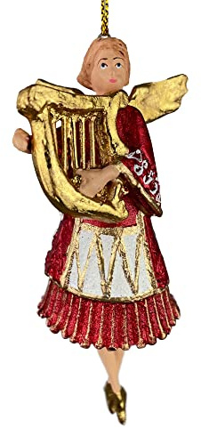ecosoul Christbaumschmuck Figur Engel rot-weiß-Gold mit Harfe Anhänger Weihnachten Baumschmuck 14cm 1 Stück