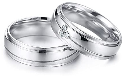 Verlobungsringe Paar Edelstahl, Ringe für Paare mit Gravur Silber 6MM Breite Poliert Runden Zirkonia Partner Ringe für Sie und Ihn Damen Gr. 52 (16.6) & Herren Gr. 54 (17.2)