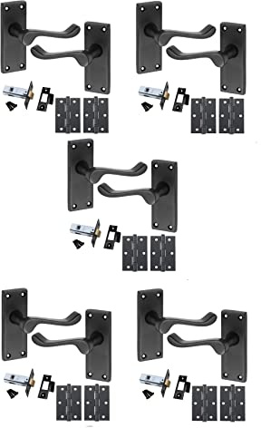 Golden Grace Victorian Scroll Latch Door Handles, Matt Black, 5 Sets | Includes 3-inch ball bearing hinges, 2.5-inch latches, and screws with a 120mm x 40mm backplate for hassle-free installation.
